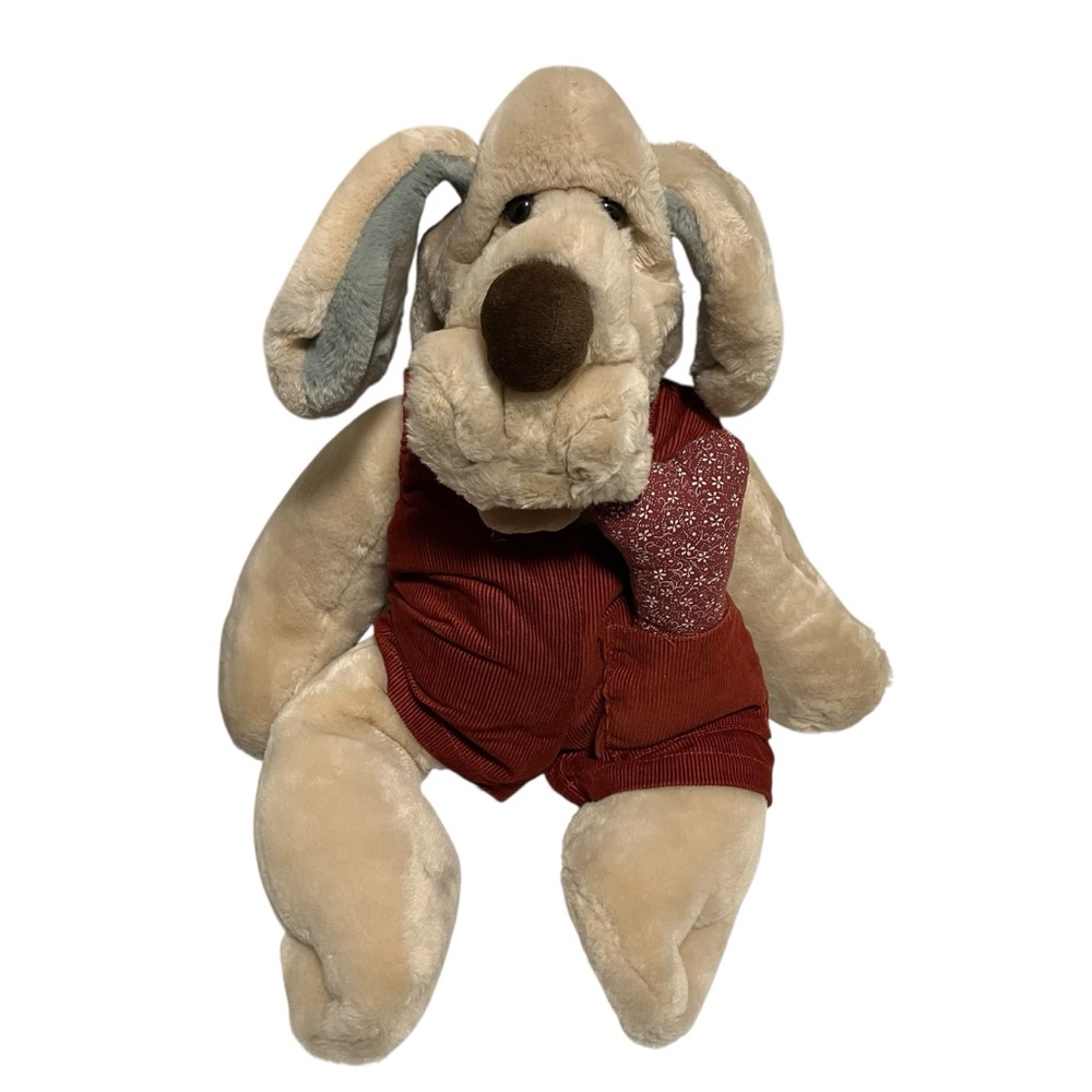 Vintage 80s Wrinkles Dog Puppet Tan Boy Red Cordroy Overalls & Plush Bone